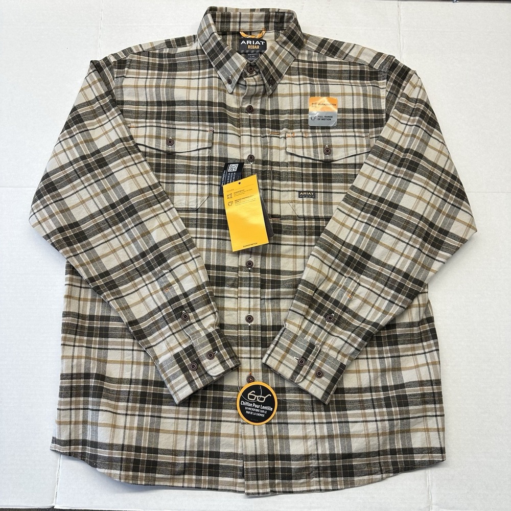 Ariat Men's Large Rebar Durastretch‎ Flannel Brown Tan Plad Shirt